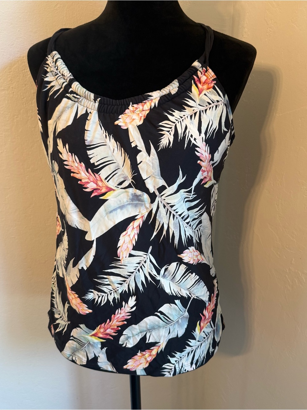 Women’s Sleeveless Tropical Leaf Print One Piece Tank Top - Black (Size L)